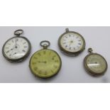 Four silver fob watches, one with Arts and Crafts case, a/f
