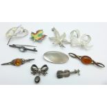Ten silver brooches including one late Victorian silver violin brooch