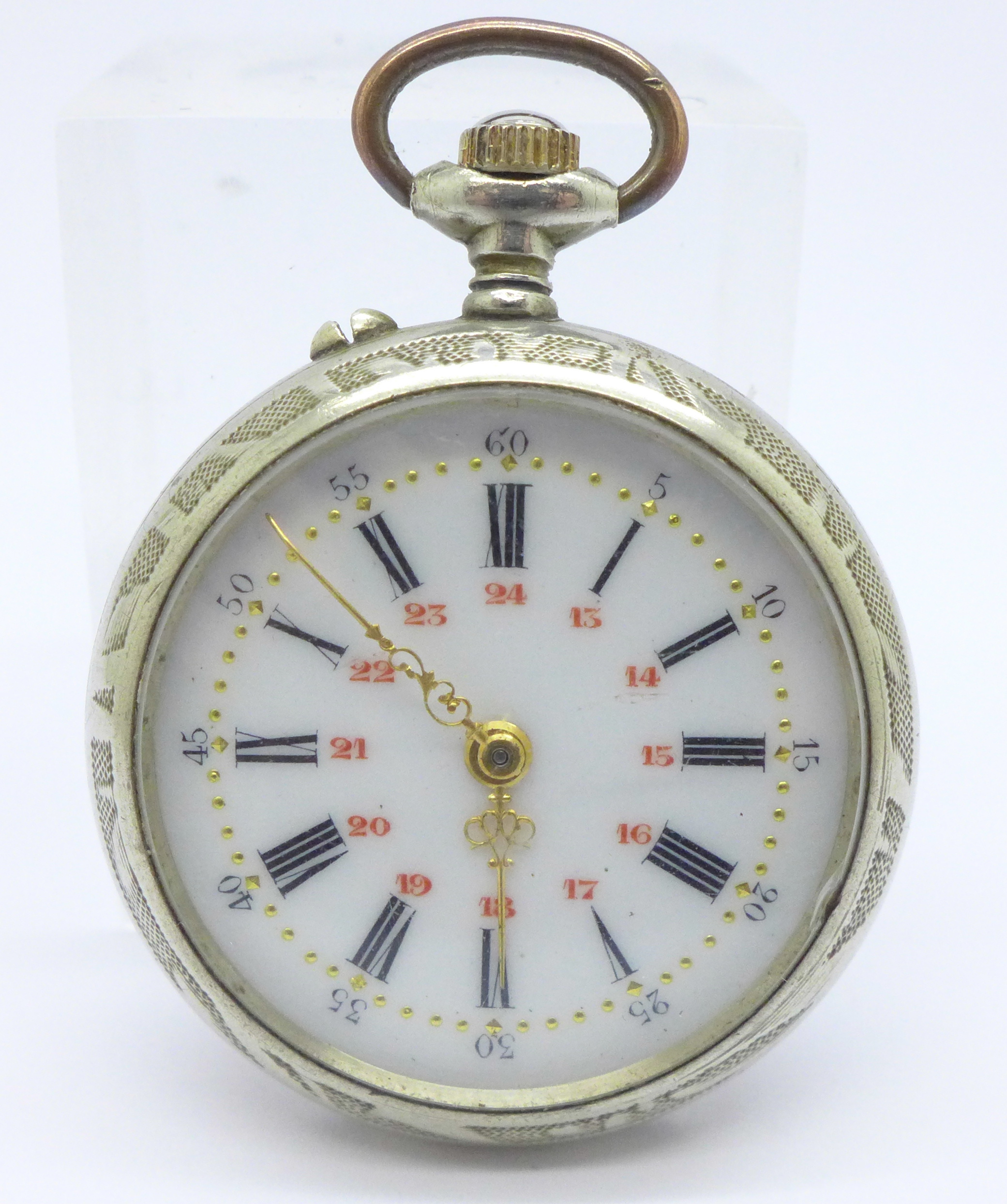 A fob watch with enamel dial and with applied enamel plaque depicting a horse on the case back, - Image 2 of 5