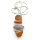 A silver, amber and labradorite pendant and chain, (pendant 58mm)