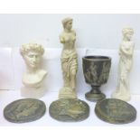 A Roman bust, two other Roman statues, a resin goblet and three resin plaques