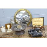 A brass mirror, dish, two Canada spoons, a carved wood fruit bowl, etc., a pair of binoculars and