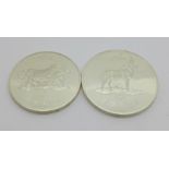 Two 1978 Malawi silver proof coins, 5 and 10 Kwacha, 65g