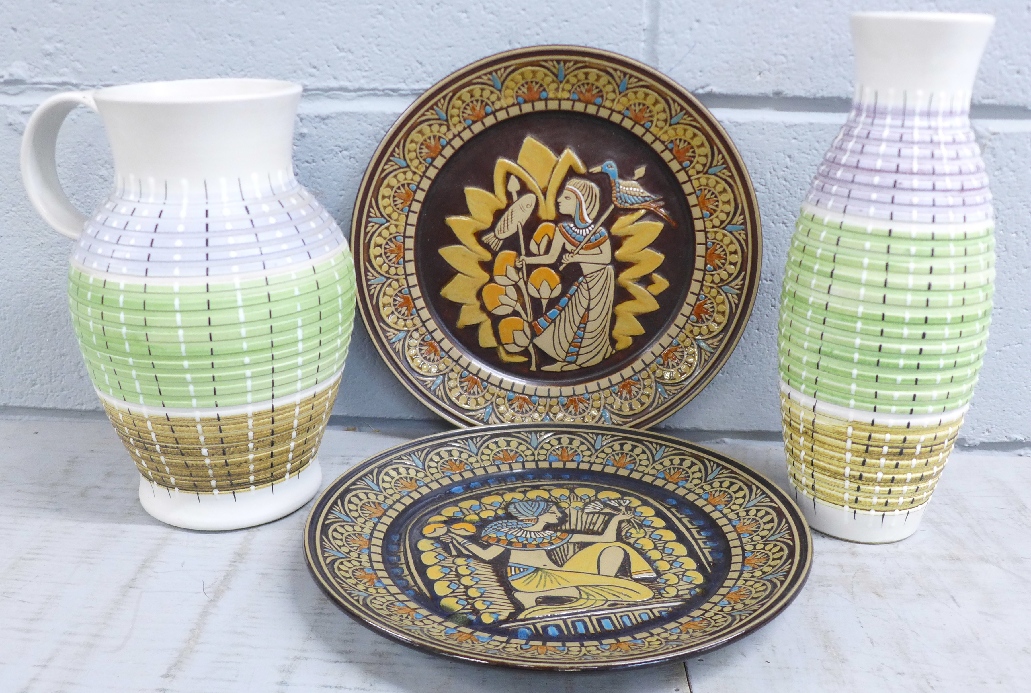 Two Denby limited edition Egyptian collectors plates, No.I & II, and two Denby Burlington ribbed