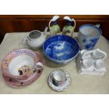 A box of 19th Century and later blue and white Willow pattern and flow blue china, a large