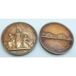 Two heavy 19th Century copper medallions;- Crystal Palace Opened MDCCCLIV with relief portrait of