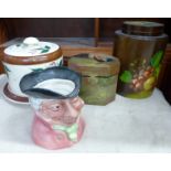 A 19th Century cheese dome, a large character jug and two modern hand painted containers **PLEASE