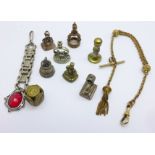 A plated Albertina, a stone set watch fob and eight seal fobs including one bloodstone set