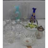 A collection of glassware including candle holder, jugs, etc., including coloured, dishes, vases **