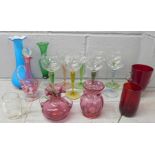 A set of eight hock glasses with coloured stems, cranberry glass, other coloured glass and a Mary