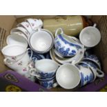 Blue and white Willow pattern teawares, Colclough teawares, a Giles annual, a stoneware hot water