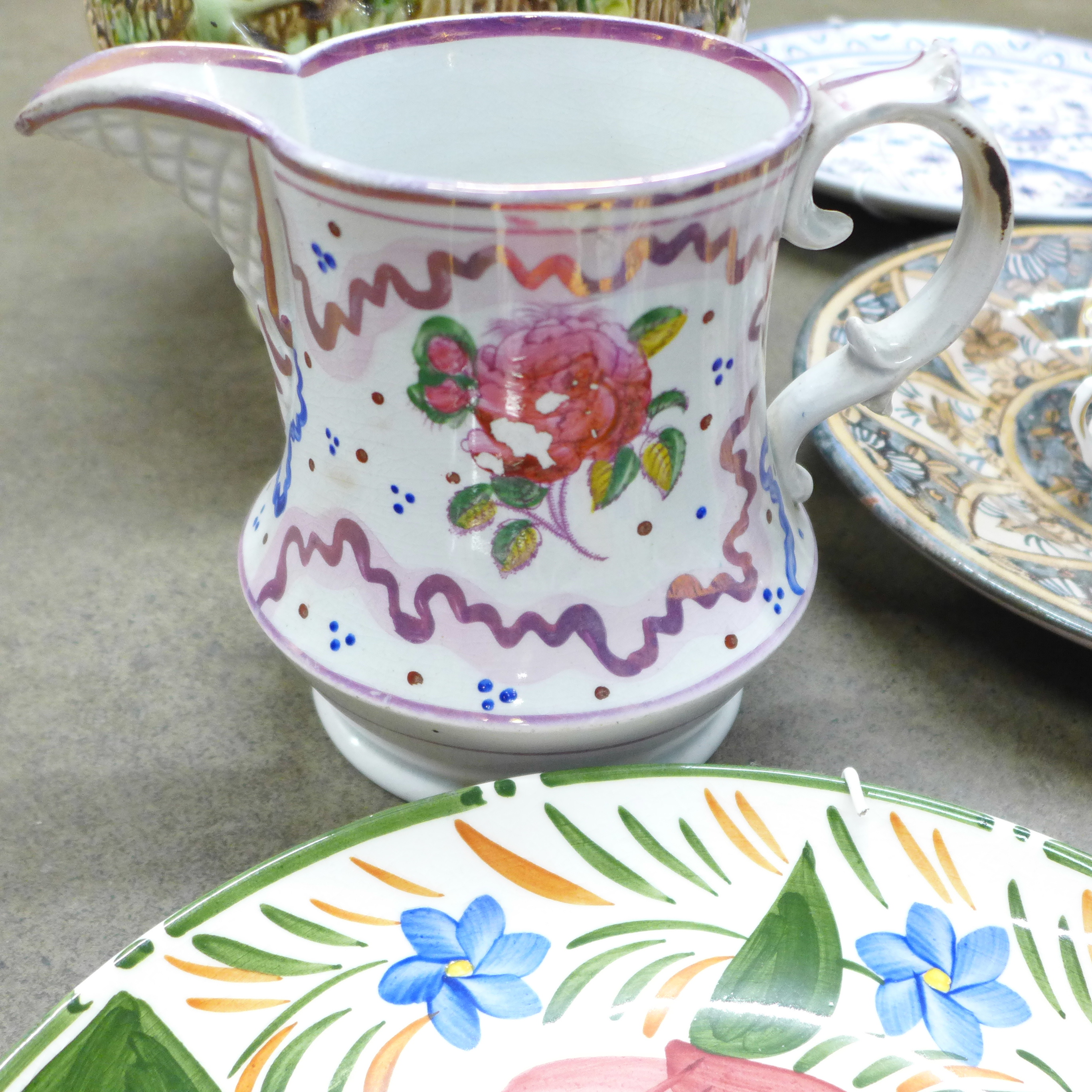 Six Wade hand painted plates, a 19th Century Sunderland lustre jug, a majolica jardiniere, two - Bild 3 aus 5