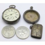 A silver pocket watch, a silver vesta case, a/f, and a silver part pocket watch case, (vesta and