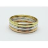 A 9ct three colour gold wedding band, 1.9g, T