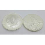 Two Canadian 1oz. fine silver $5 coins, 2009 and 2012