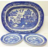 A Willow pattern meat plate and two similar circular plates