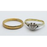 An 18ct gold, platinum set diamond ring, a/f, 2.1g, and a 9ct gold ring, 1.5g
