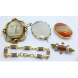 Four brooches, cameo, agate x 2 and goldstone set, and a bracelet, (5)