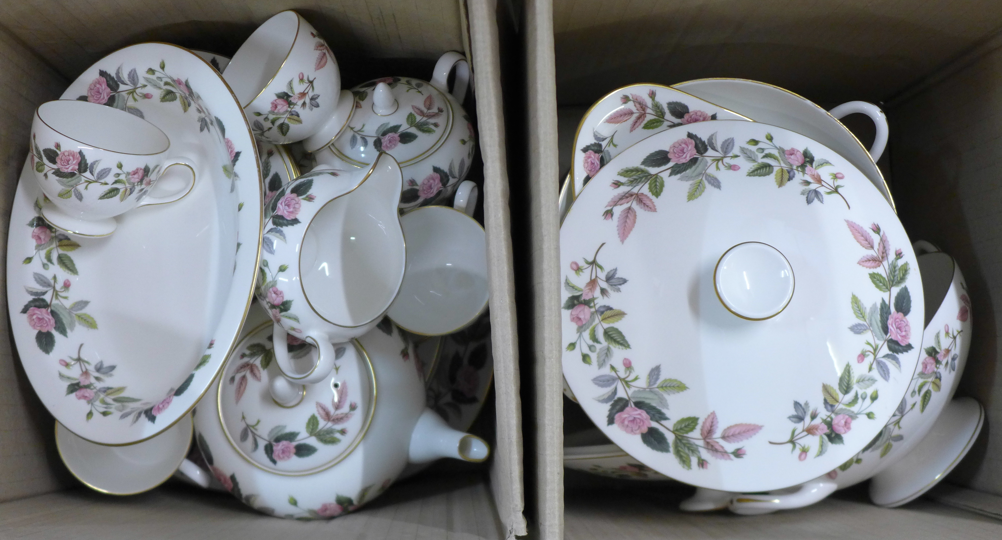 Wedgwood Hathaway Rose tea and dinnerwares (2 boxes, 54 pieces)