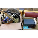 Two boxes of plated ware, cased cutlery sets, loose flatware, plated trays and a brass chestnut