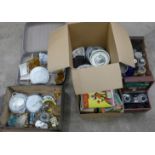 Four boxes of mixed china and glass, two suitcases, including Wedgwood Jasperware, steins, studio