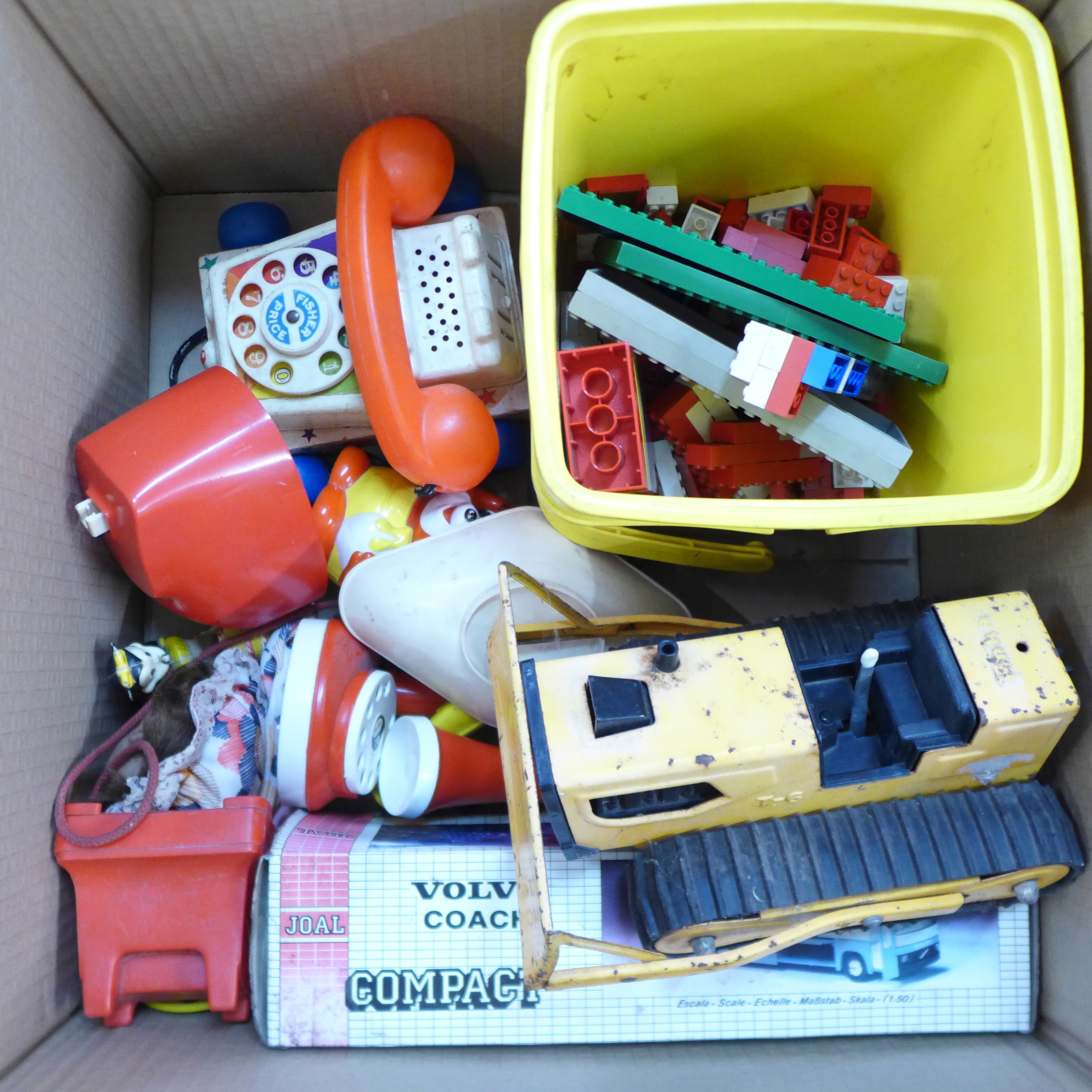 A box of mixed toys including Lego 040 set (1970's), Minic Toys coach, a/f, Duplo, Fisher Price - Image 2 of 3