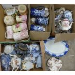 Four boxes of 19th Century and later china, 2 x two graduated jugs, teapots, biscuit barrel, cups,