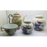 Two Chinese ginger jars with contents, a Chinese teapot and a Celadon cup, (teapot crazed, cup
