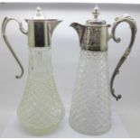Two claret jugs with plated tops, (one with cracked glass, jug on the right in the image)