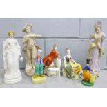 A collection of continental figures including a set of book ends, some a/f