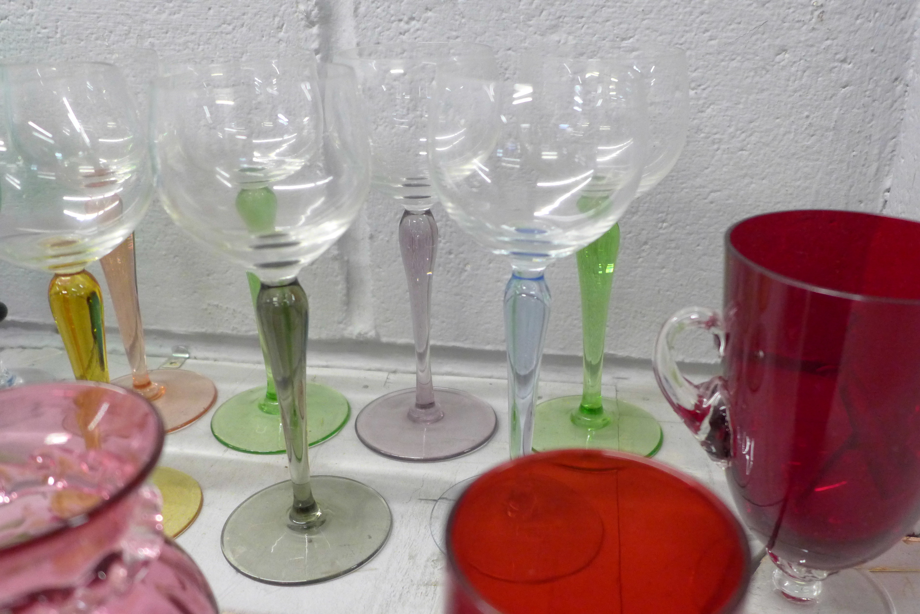 A set of eight hock glasses with coloured stems, cranberry glass, other coloured glass and a Mary - Image 2 of 3