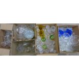 Five boxes of mixed glass including large crystal vase, wine glasses, sherries, tumblers and two