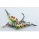 A silver plique-a-jour bird brooch