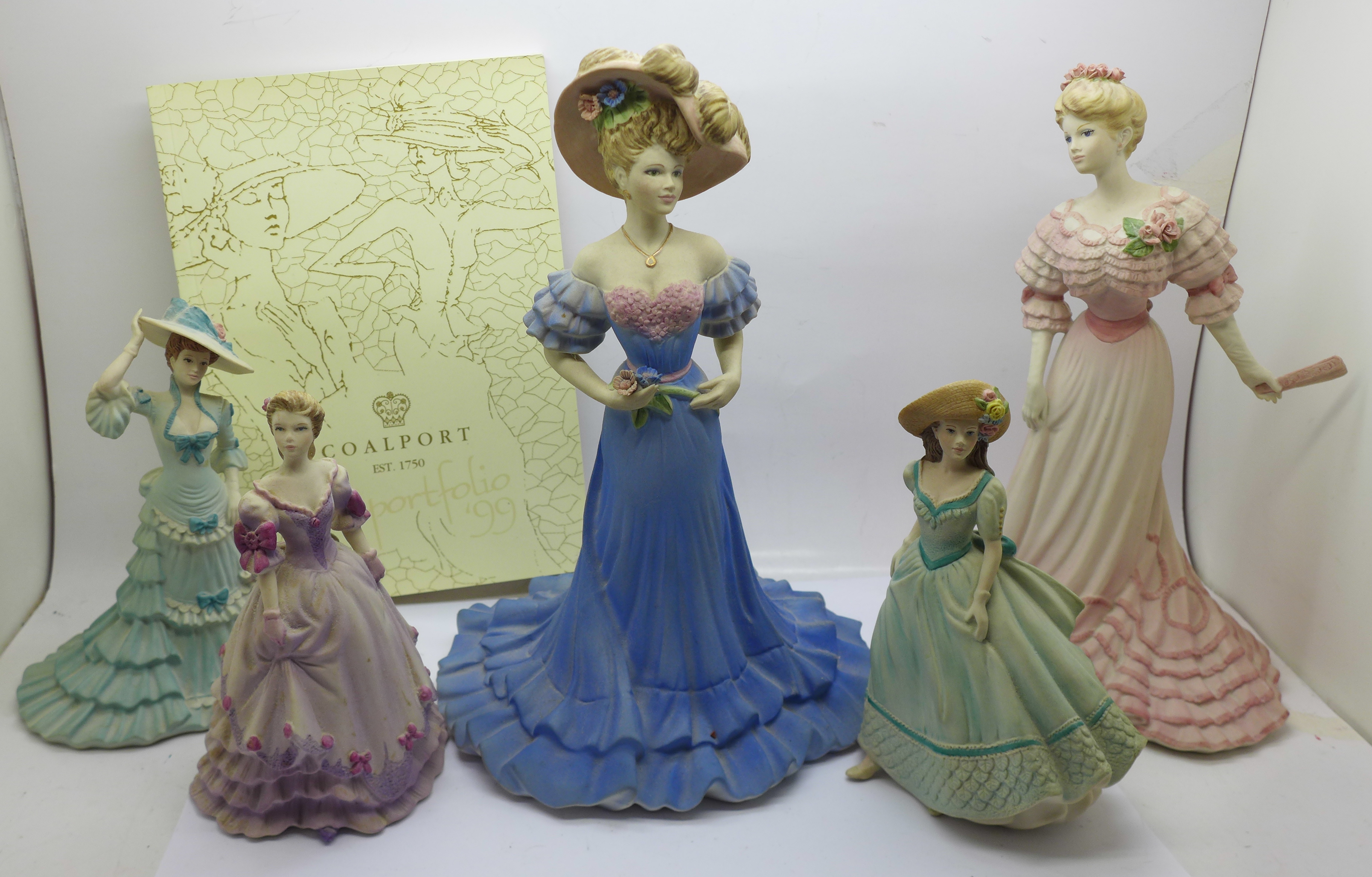 Five Coalport figures and a Coalport brochure