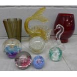 Selkirk and other glass paperweights, a ruby red glass vase, glass fish, etc. **PLEASE NOTE THIS LOT