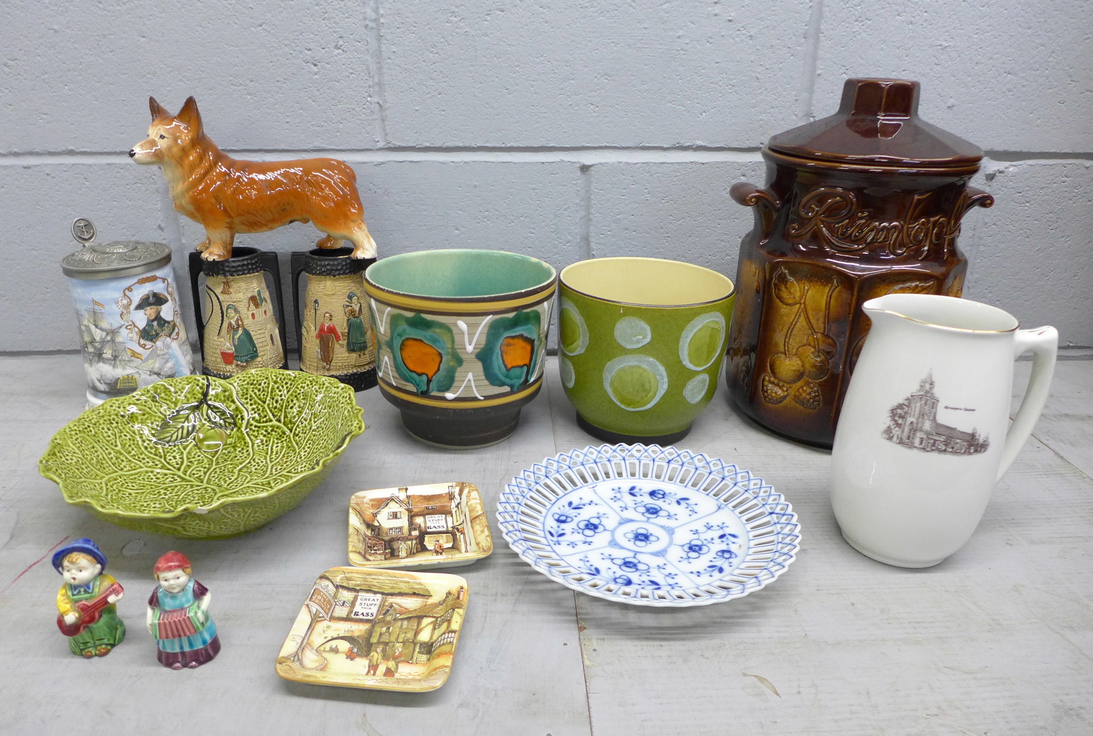 A Rumtopf jar and cover, a Keyworth Church jug, Melba Ware Corgi, a pair of Cyples pottery vases,