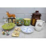 A Rumtopf jar and cover, a Keyworth Church jug, Melba Ware Corgi, a pair of Cyples pottery vases,