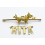 A 9ct gold name plate, 'Rita', (to be made into a bracelet or necklet), and a yellow metal dog