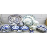 A large blue and white willow pattern meat platter, a/f, one smaller, Booth's Real Old Willow