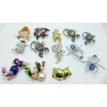 Thirteen novelty brooches including three abalone set scorpions, birds and spiders