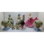 A Royal Doulton figure, Elaine, two Spanish Casades figures, a Wedgwood glass model of a duck, two