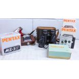 A Pentax MZ-3 camera, two lenses; 43mm F1.9 and 77mm F1.8, a Weston Master V exposure meter (all