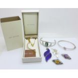 A Kit Heath silver pendant, boxed, silver bangle, two Arts and Crafts brooches, etc.