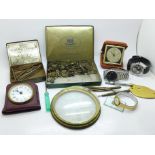 Two wristwatches, Tissot and Rotary, travel clocks, parts, tools, etc., some a/f