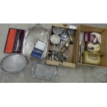 An antler handled carving set, cased, three boxes and two tins of plated and steel cutlery, three