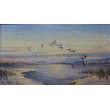 Ron Humphries, winter lake scene with ducks in flight, oil on canvas, 50 x 90cms, framed