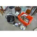 A polished steel coal scuttle, a copper coal bucket, fire iron and other metal ware