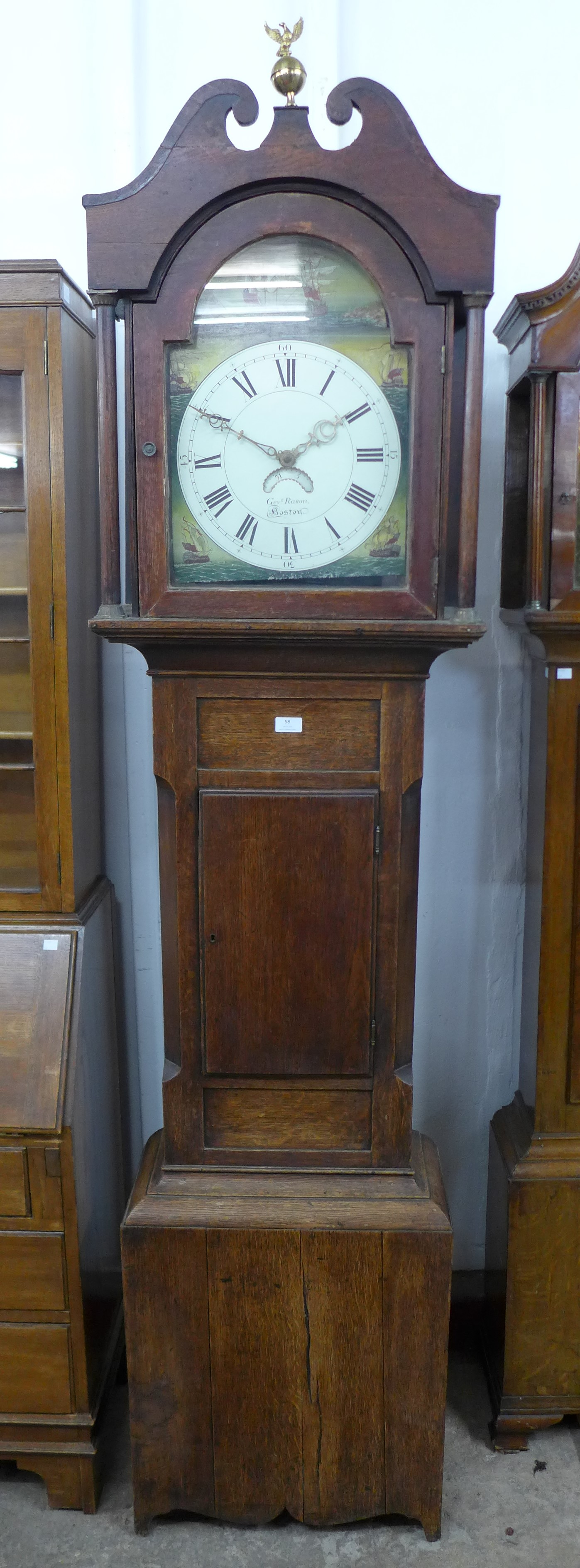 A George III oak 30-hour longcase clock, the painted arched dial signed George Rason, Boston, 232cms