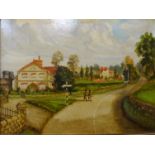 Elias Lacey, village scene, oil on board, 29 x 40cms, framed