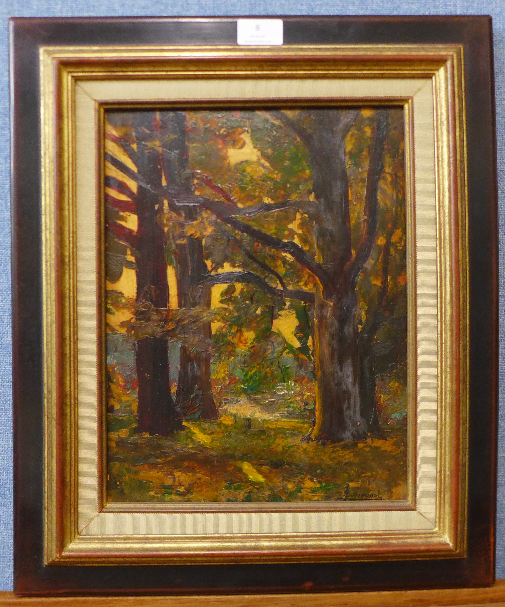 Joseph Victor Communal (French 1876-1962), forest landscape, oil on board, 34 x 25cms, framed - Image 2 of 5